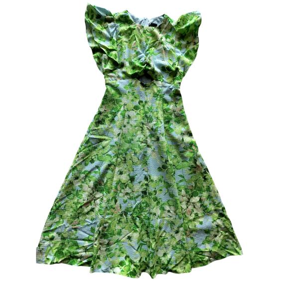 Maison Tara Women's Green Floral Ruffle Sleeve CutOut Waist Midi Dress Size 4 - Picture 2 of 14